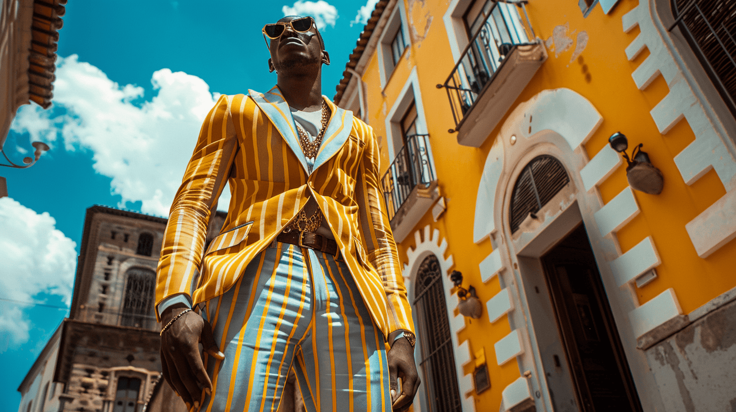 Hombre con un atrevido traje a rayas amarillas blanco coco y azul petroleo en la Feria Pitti Immagine de Florencia